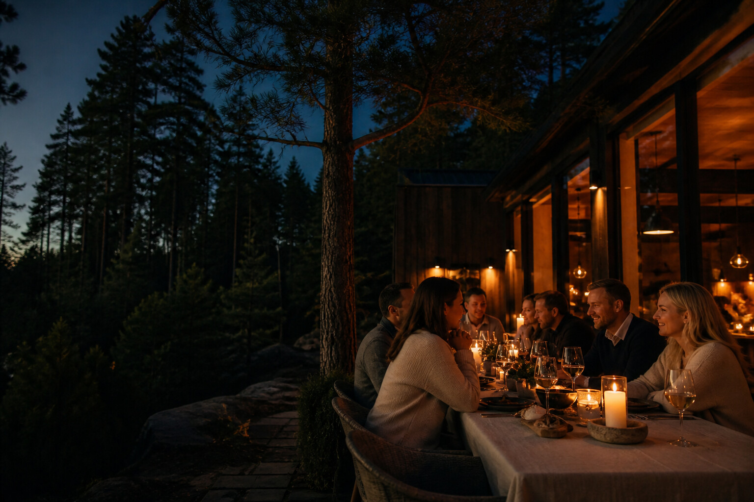 Restaurant med varm belysning ved furuskogen om kvelden